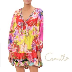 CAMILLA new The Beetles Artsy Silk Multicolor Floral Short Tie-Front Dress